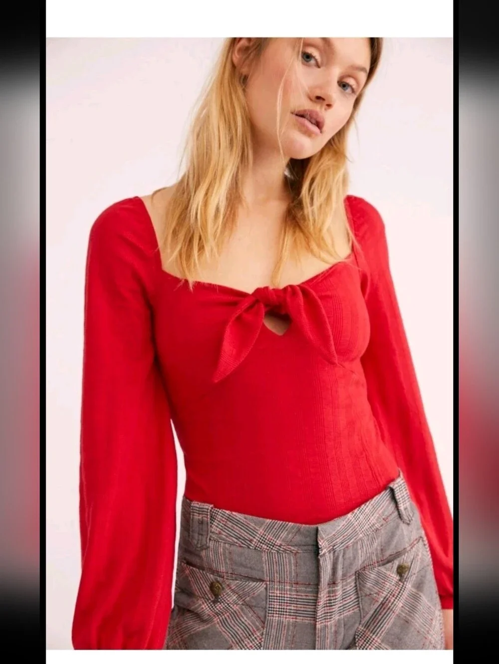 Free People Womens Red It's A Date Ribbed Tie Front Puff Sleeve Top S